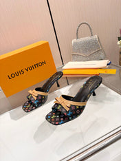 LV 26S HIGH-HEELED MULES 55 MM IN MULTICOLOR MONOGRAM CANVAS STYLE 2