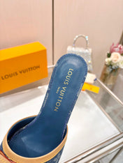 LV 26S HIGH-HEELED MULES 55 MM IN BLUE DENIM