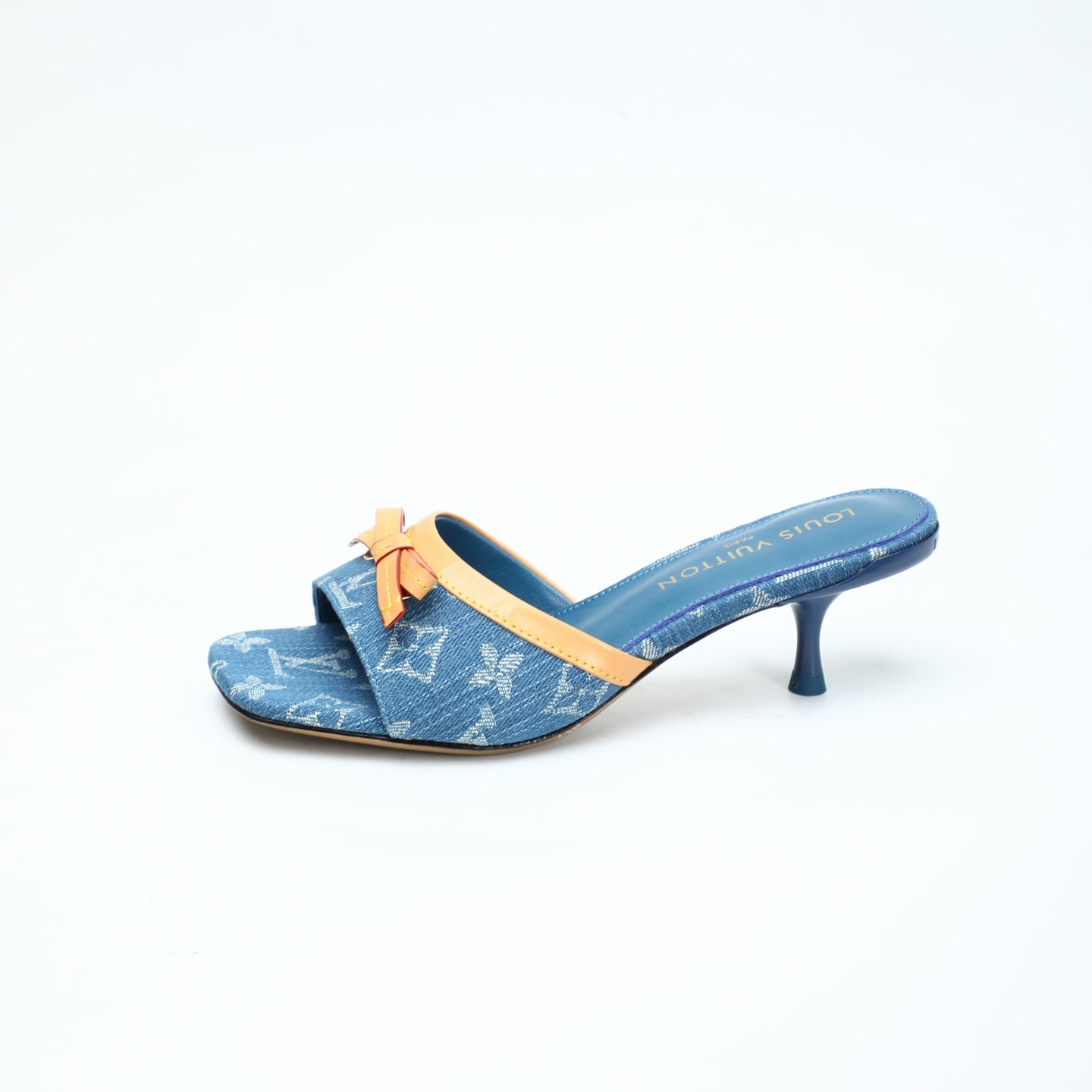 LV 26S HIGH-HEELED MULES 55 MM IN BLUE DENIM