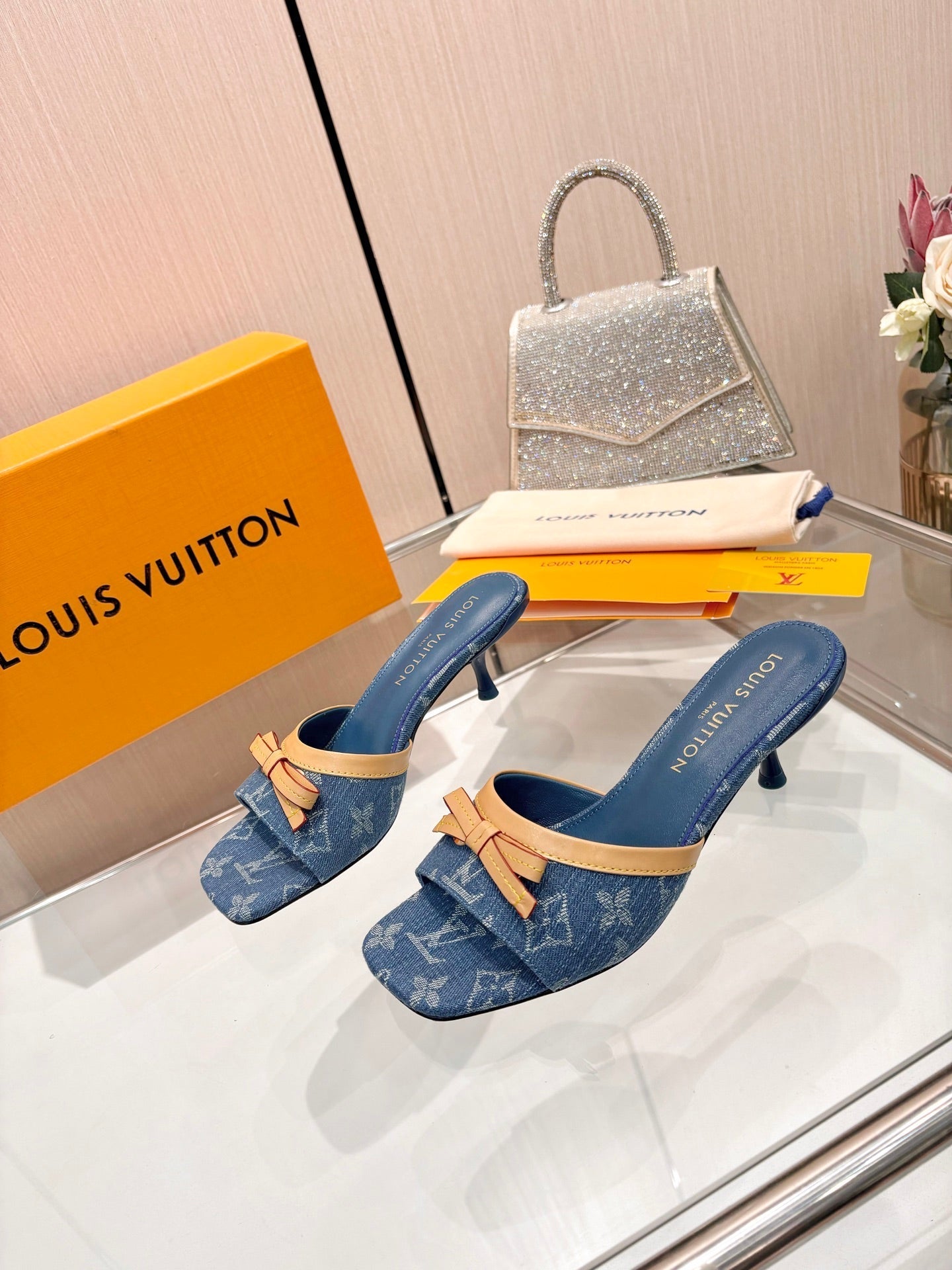 LV 26S HIGH-HEELED MULES 55 MM IN BLUE DENIM