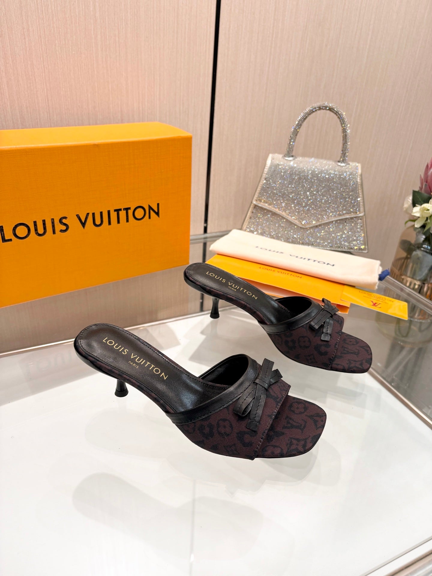 LV 26S HIGH-HEELED MULES 55 MM IN MUTED PLUM BROWN MONOGRAM CANVAS