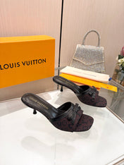 LV 26S HIGH-HEELED MULES 55 MM IN MUTED PLUM BROWN MONOGRAM CANVAS