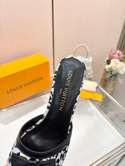 LV 26S HIGH-HEELED MULES 55 MM IN WHITE AND BLACK MONOGRAM CANVAS STYLE 2