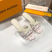 LV 26S HIGH-HEELED MULES 55 MM IN WHITE AND LIGTH PINK MONOGRAM CANVAS