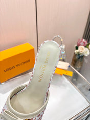 LV 26S HIGH-HEELED MULES 55 MM IN WHITE AND LIGTH PINK MONOGRAM CANVAS