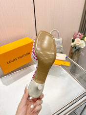 LV 26S HIGH-HEELED MULES 55 MM IN WHITE AND PINK MONOGRAM CANVAS
