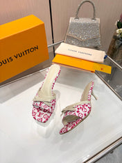LV 26S HIGH-HEELED MULES 55 MM IN WHITE AND PINK MONOGRAM CANVAS