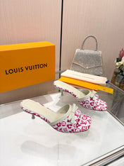 LV 26S HIGH-HEELED MULES 55 MM IN WHITE AND PINK MONOGRAM CANVAS