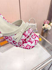 LV 26S HIGH-HEELED MULES 55 MM IN WHITE AND PINK MONOGRAM CANVAS