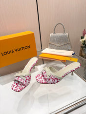 LV 26S HIGH-HEELED MULES 55 MM IN WHITE AND PINK MONOGRAM CANVAS
