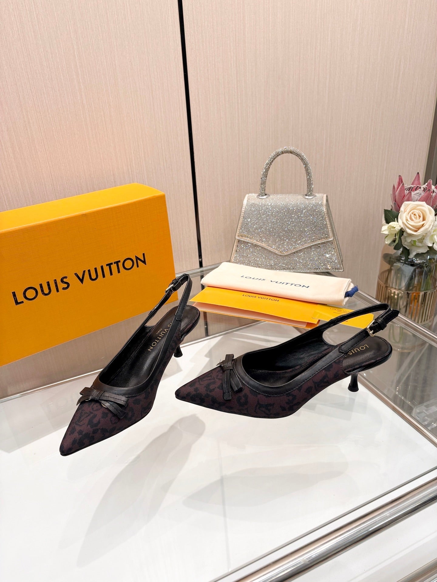 LV 26S BOW-DETAIL SLINGBACK PUMPS 55 MM IN MUTED PLUM BROWN MONOGRAM CANVAS