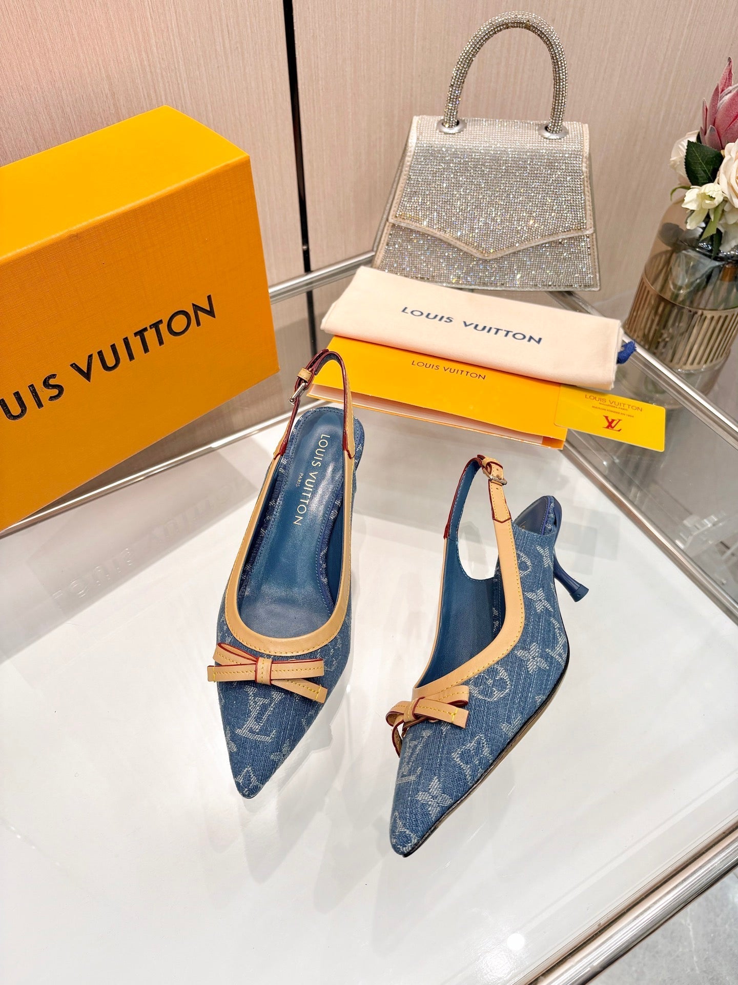 LV 26S BOW-DETAIL SLINGBACK PUMPS 55 MM IN BLUE DENIM