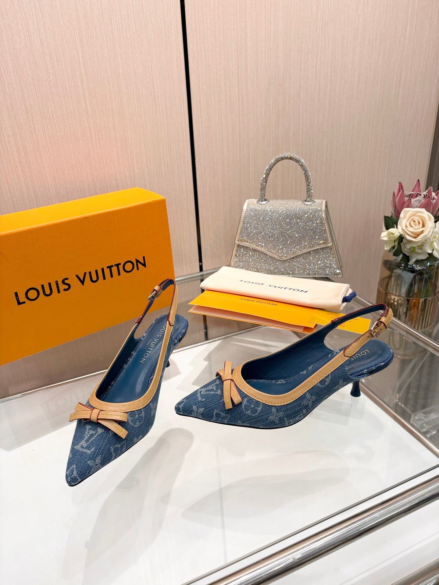LV 26S BOW-DETAIL SLINGBACK PUMPS 55 MM IN BLUE DENIM