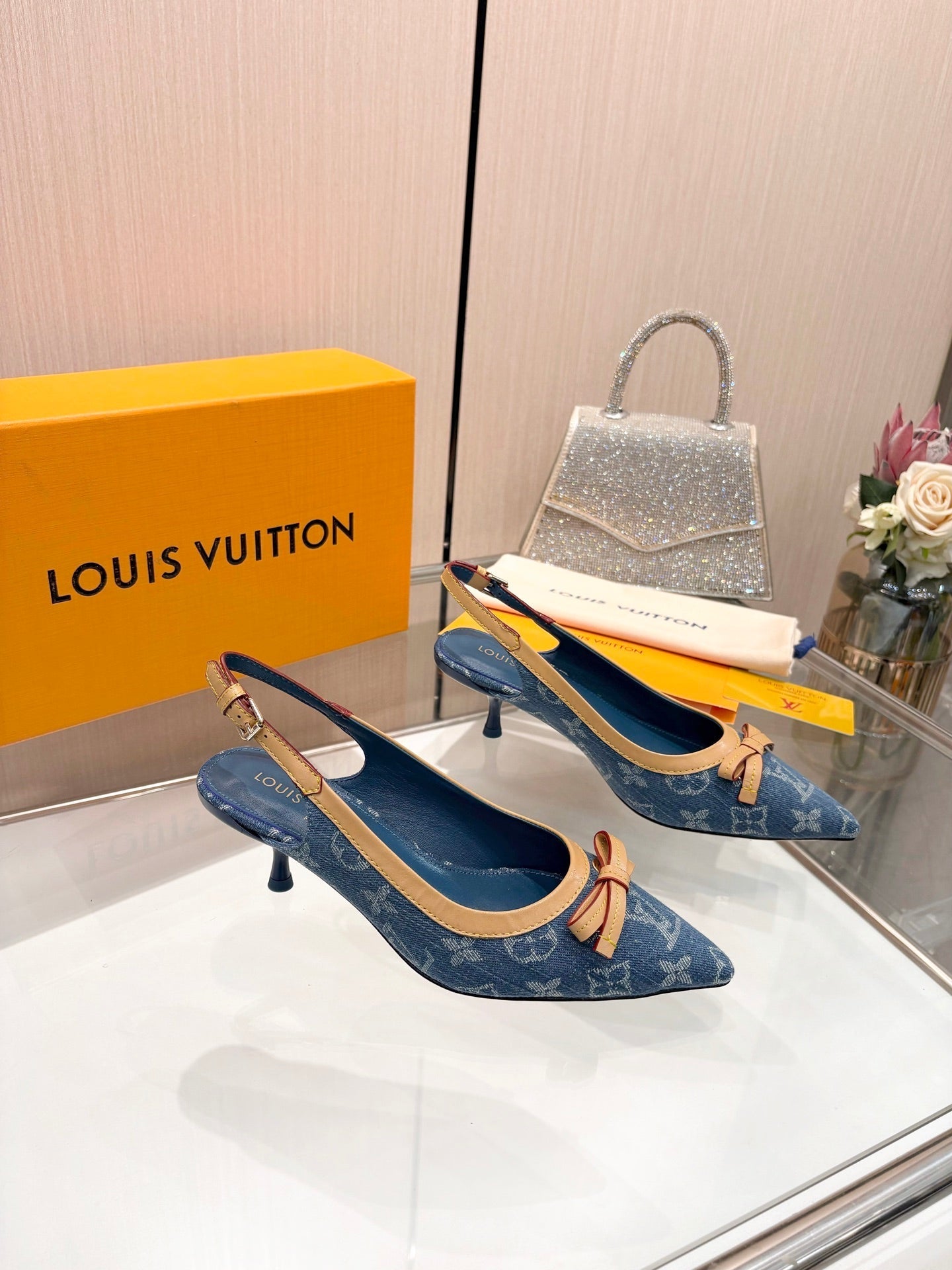 LV 26S BOW-DETAIL SLINGBACK PUMPS 55 MM IN BLUE DENIM