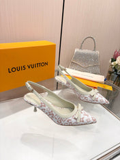 LV 26S BOW-DETAIL SLINGBACK PUMPS 55 MM IN WHITE AND MUTED ROSE PINK MONOGRAM CANVAS