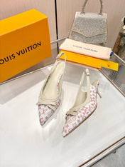 LV 26S BOW-DETAIL SLINGBACK PUMPS 55 MM IN WHITE AND MUTED ROSE PINK MONOGRAM CANVAS