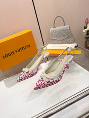 LV 26S BOW-DETAIL SLINGBACK PUMPS 55 MM IN WHITE AND PINK MONOGRAM CANVAS