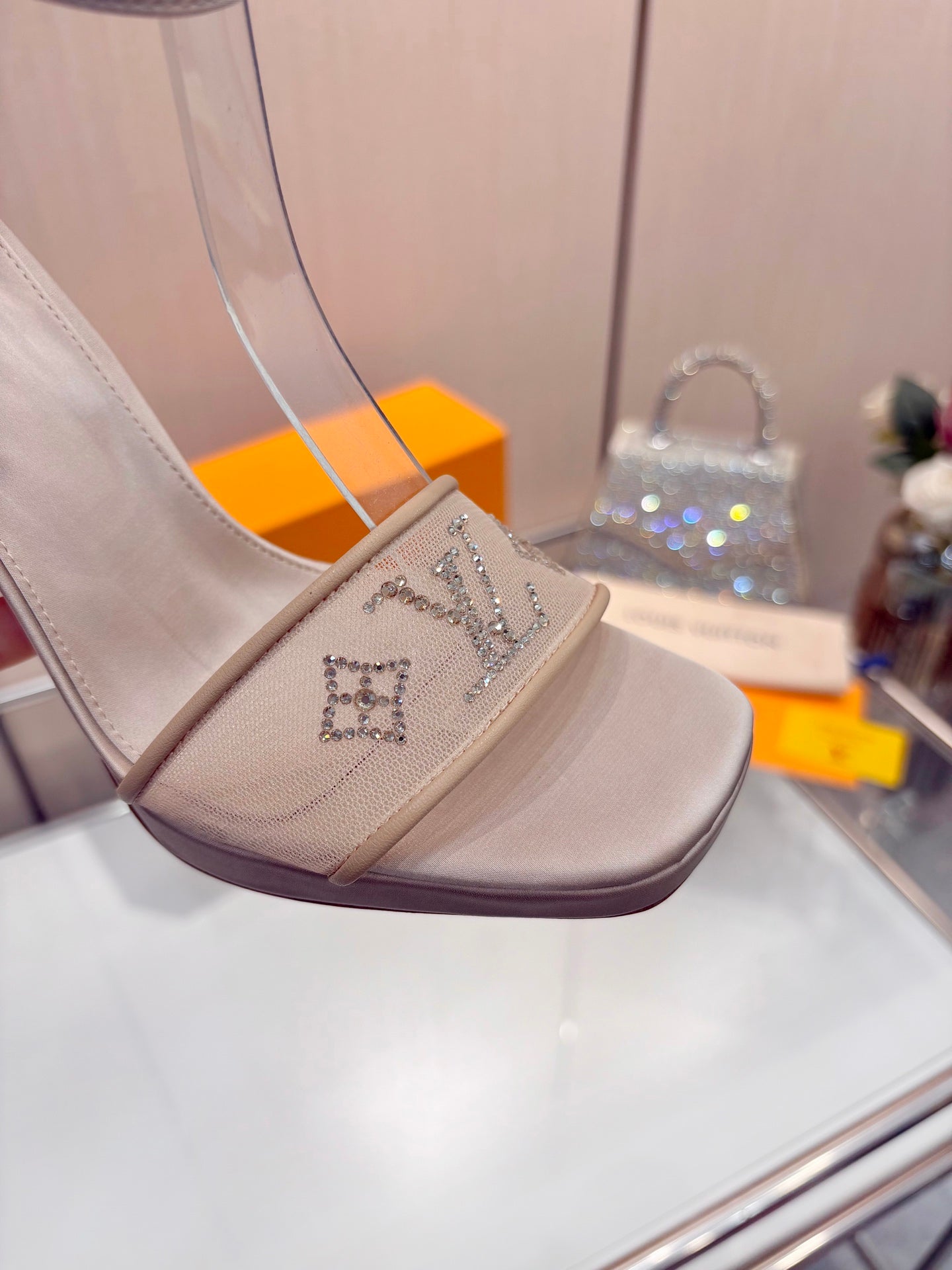 LV 26S HIGH HEEL SANDALS 110 MM IN BEIGE FABRIC AND LAMBSKIN