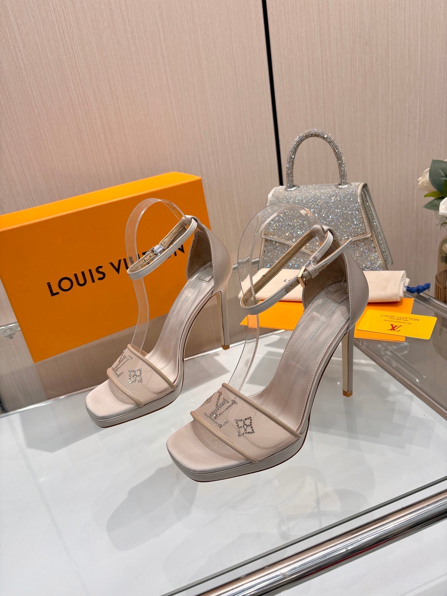 LV 26S HIGH HEEL SANDALS 110 MM IN BEIGE FABRIC AND LAMBSKIN