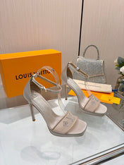 LV 26S HIGH HEEL SANDALS 110 MM IN BEIGE FABRIC AND LAMBSKIN