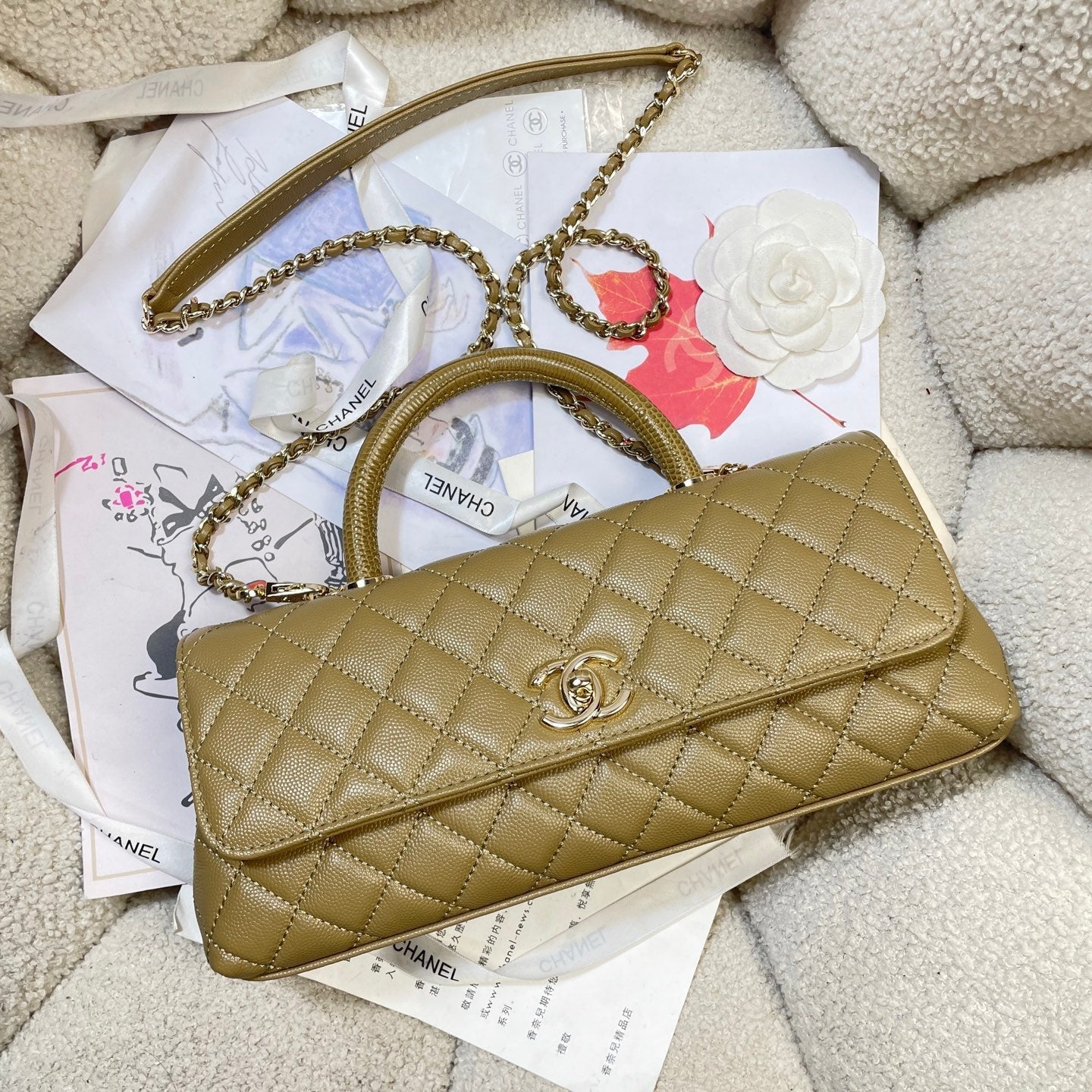 CHANEL 26S COCO HANDLE BAG 32 IN OLIVE BROWN CAVIAR CALFSKIN GOLD HARDWARE