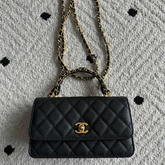 CHANEL 25S CLASSIC WALLET ON CHAIN 19 IN BLACK LAMBSKIN WITH GOLD HARDWARE