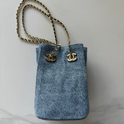 CHANEL 26S MINI BUCKET BAG 18 IN LIGHT BLUE QUILTED DENIM GOLD HARDWARE