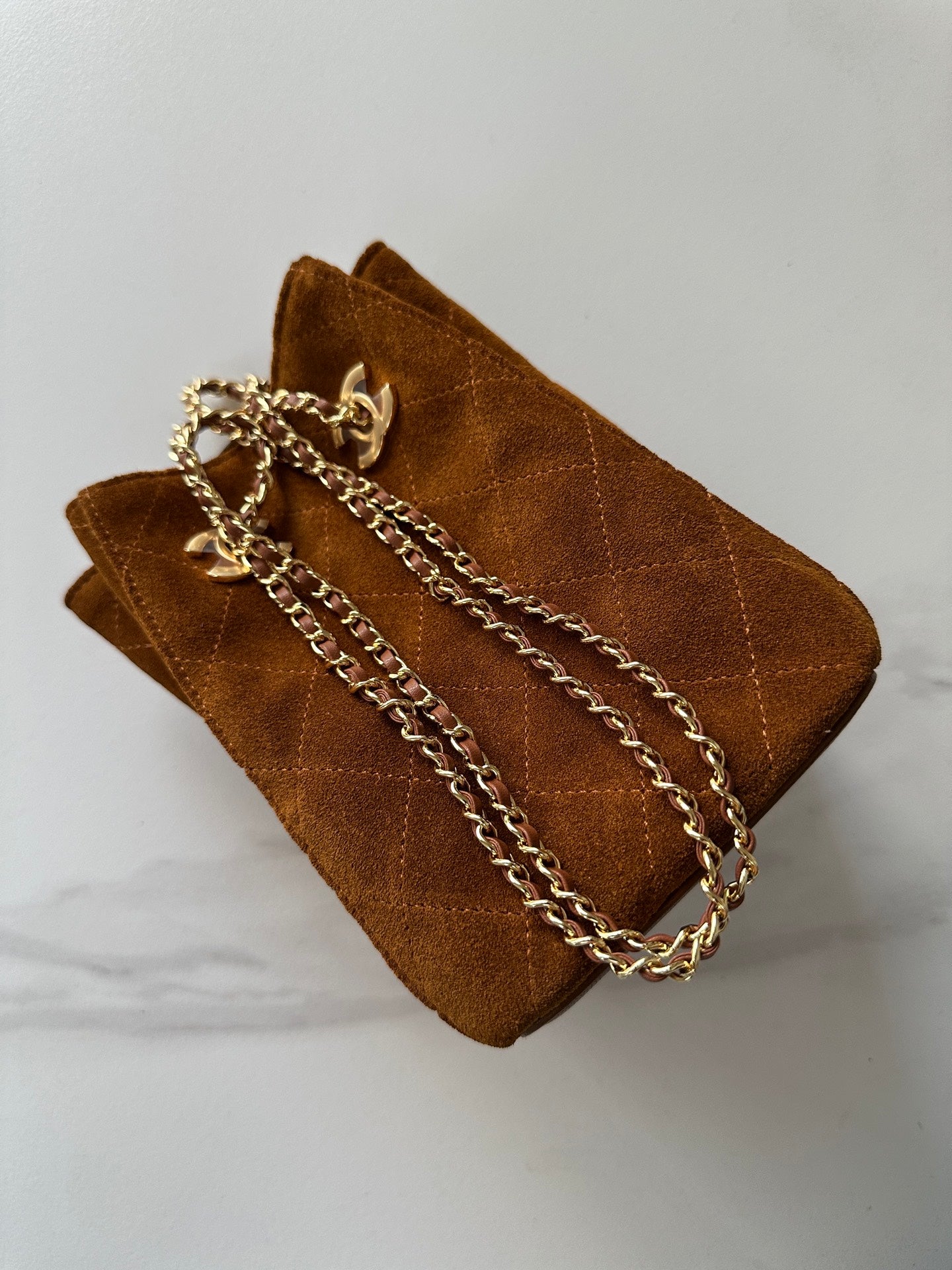 CHANEL 26S MINI BUCKET BAG 18 IN CARAMEL BROWN QUILTED SUEDE GOLD HARDWARE