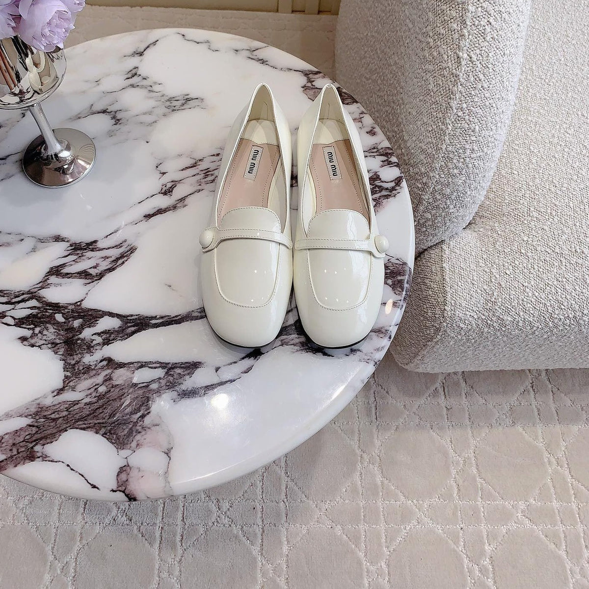 Floral White Loafer Shoes Sheepskin