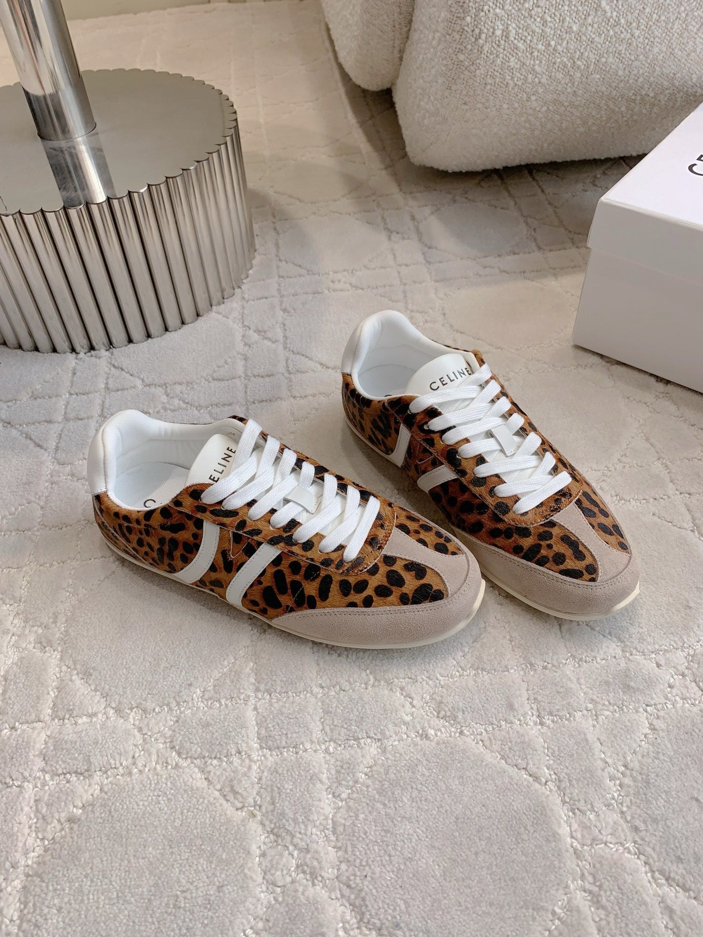 CELINE 25S JOGGER LOW LACE UP SNEAKER IN LEOPARD PRINT CALFSKIN AND SUEDE
