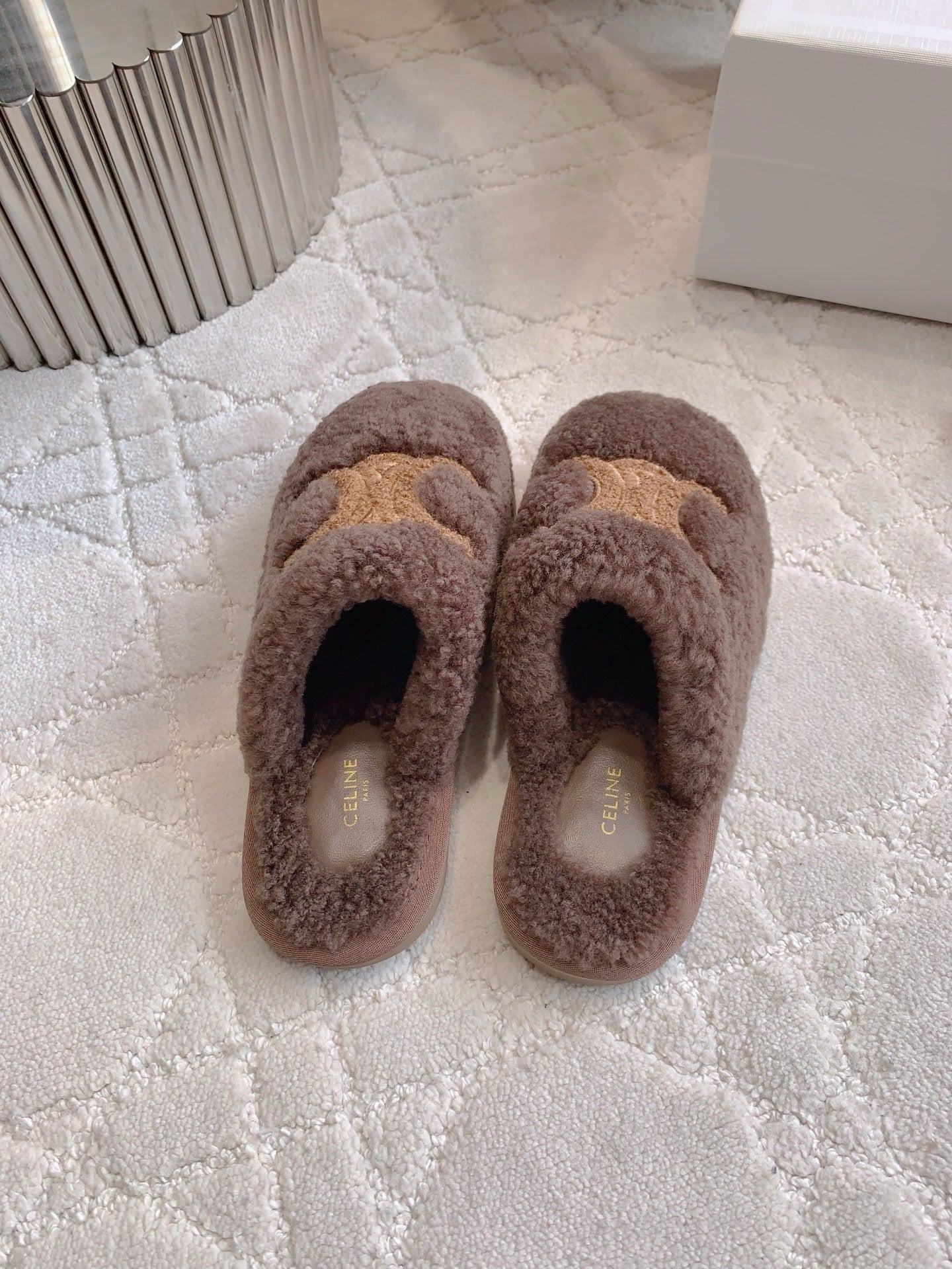 CELINE 26S MULES WITH LOGO IN DARK BROWN WOOL