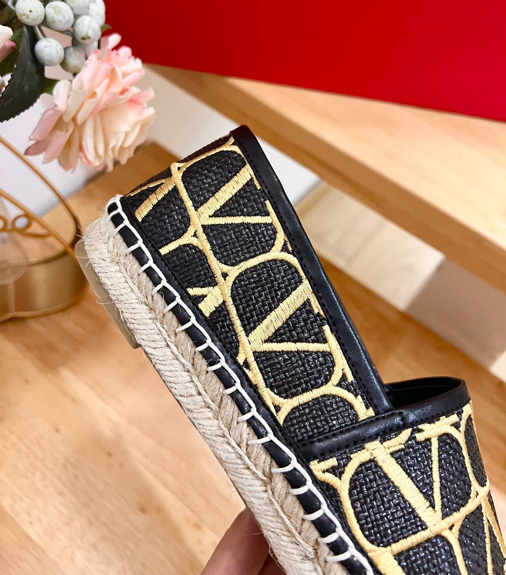 VALENTINO 26S SLIP ON SHOES IN BLACK AND YELLOW RAFFIA