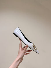POINTED BB GOLD BUCKLE BALLET FLAT IN WHITE SHINY LAMBSKIN