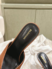 POINTED BB GOLD BUCKLE HIGH MULES IN BROWN RUST SILK