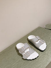 BIRKENSTOCK SLIPPERS ATTACHED RHINESTONES IN WHITE CALFSKIN