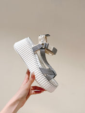 CHLOÉ 26S WEDGE SANDALS IN WHITE LAMBSKIN AND GREY CANVAS