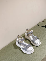 CHLOÉ 26S WEDGE SANDALS IN WHITE LAMBSKIN AND GREY CANVAS