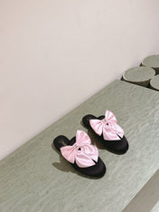 CC MULE WITH SILK LIGHT PINK BOW AND BLACK LAMBSKIN