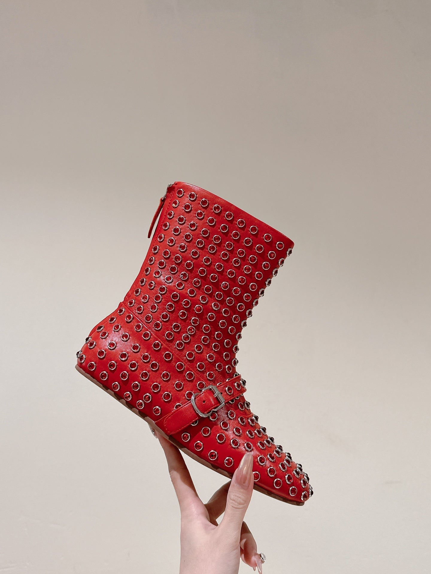 ALAIA SHORT BOOTS IN CHERRY RED LAMBSKIN ATTACH RHINSTONES