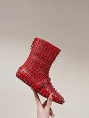 ALAIA SHORT BOOTS IN CHERRY RED LAMBSKIN ATTACH RHINSTONES