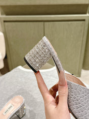JEWELLED HEEL 55 MULE SANDALS IN SILVER CALFSKIN