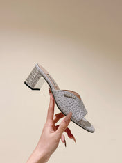 JEWELLED HEEL 55 MULE SANDALS IN SILVER CALFSKIN