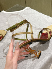 YSL 25S HIGH-HEEL SANDALS 100 MM IN MOSS GREEN SATIN WITH YSL LOGO HEEL DESIGN IN GOLD