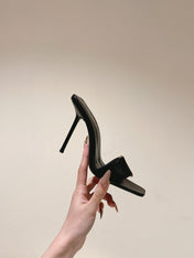 YSL 25S SQUARE-TOE HIGH-HEEL SANDALS 100 MM IN BLACK LAMBSKIN WITH GOLD HARDWARE