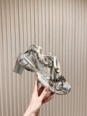 BALENCIAGA 25S 3XL SNEAKERS CHAIN-PADLOCK IN BEIGE MESH FABRIC AND SILVER PU