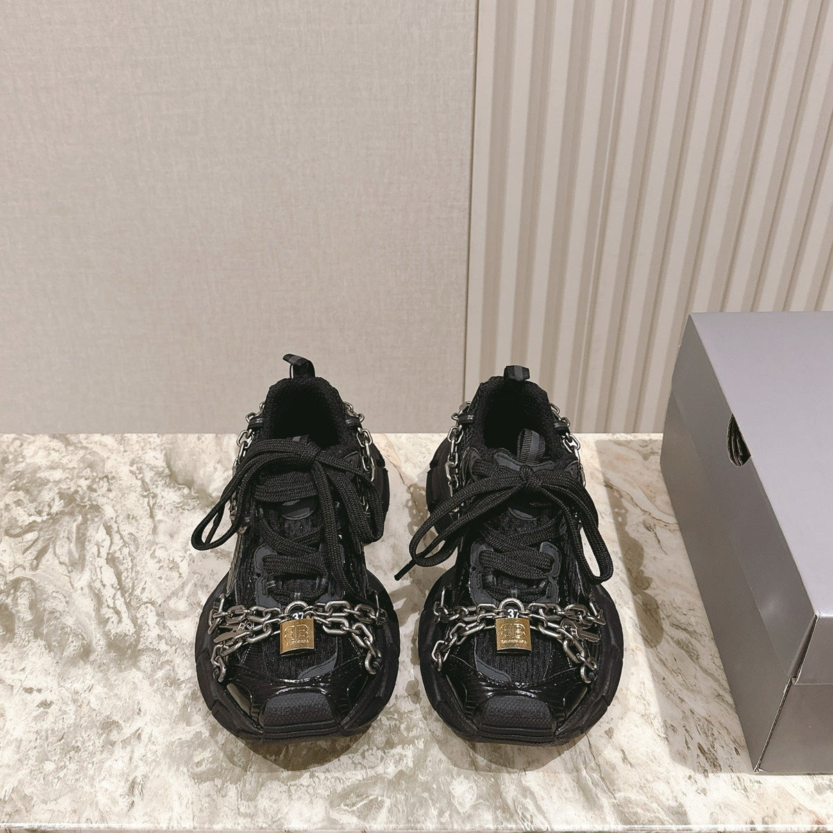 BALENCIAGA 25S 3XL SNEAKERS CHAIN-PADLOCK IN BLACK MESH FABRIC AND PU