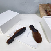 THE ROW 26S ROUND TOE MULES IN CHOCOLATE BROWN SUEDE