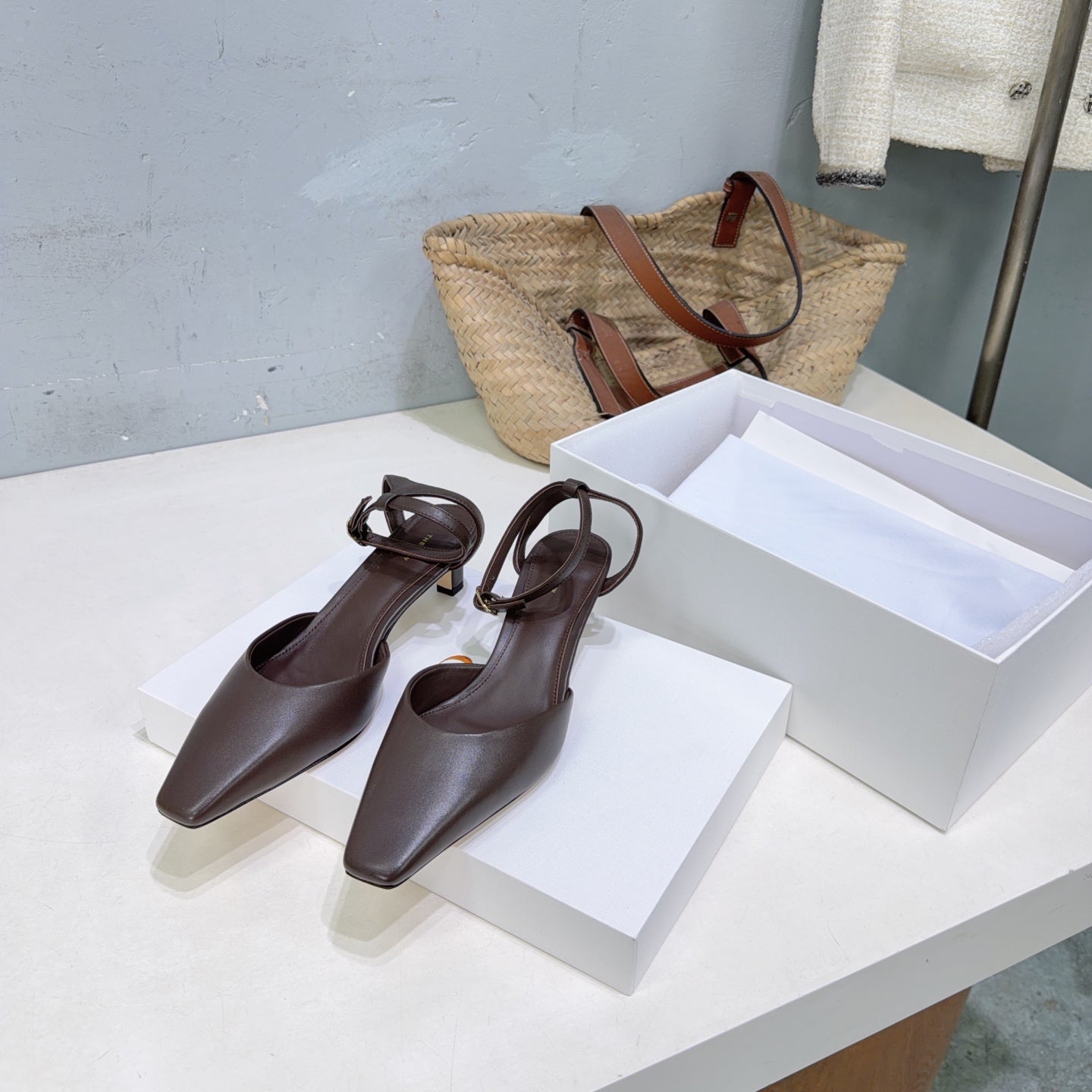 THE ROW 26S SQUARE TOE SLINGBACK HEELS 45MM IN DARK BROWN CALFSKIN