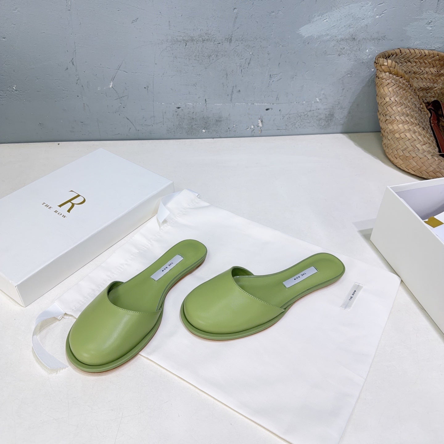 THE ROW 26S ROUND TOE MULE FLATS IN SAGE GREEN SMOOTH CALFSKIN