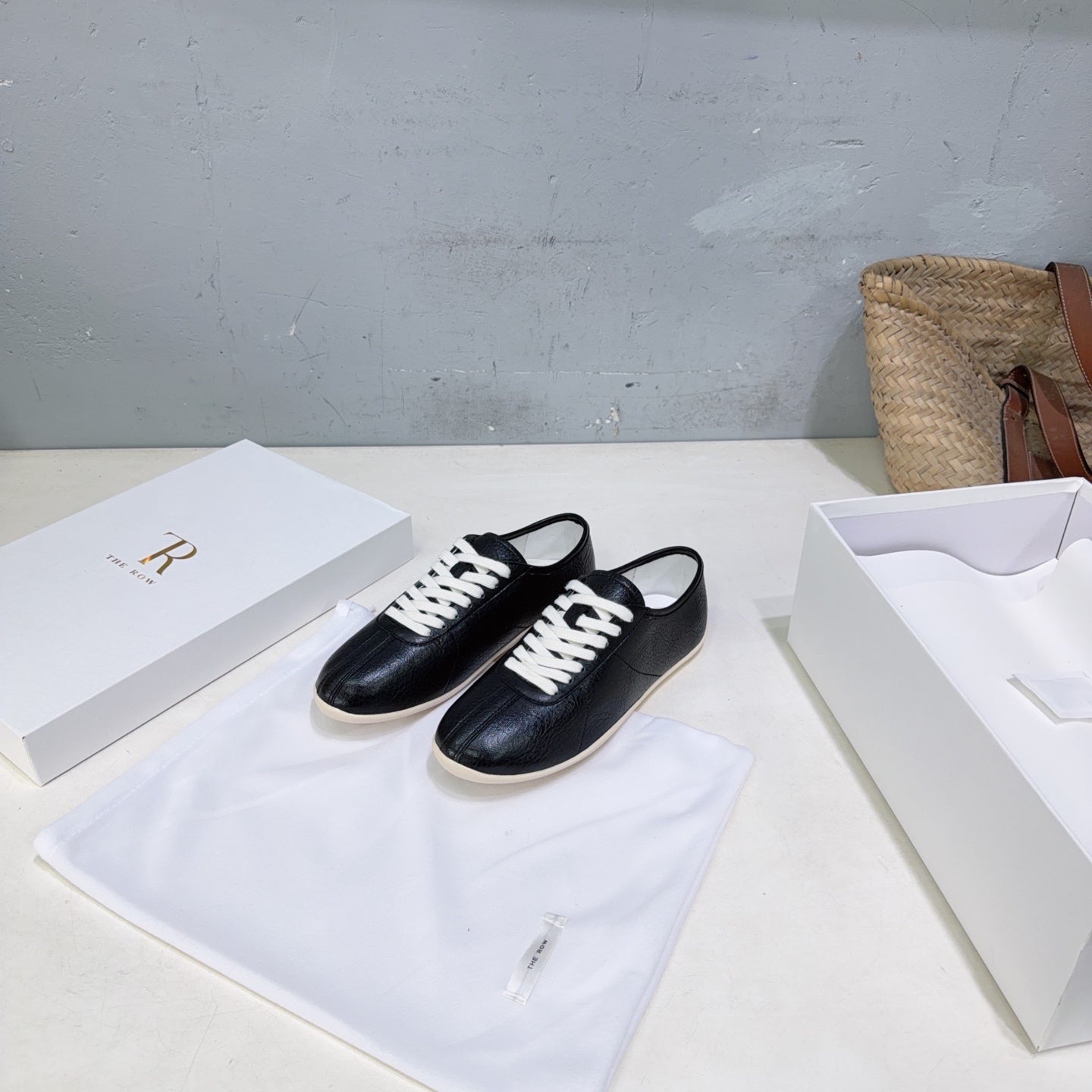 THE ROW 26S LACE-UP SNEAKERS IN BLACK GRAINED CALFSKIN